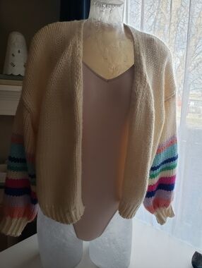 Cream Open-Front Sweater Cardigan with Rainbow Sleeve Stripes